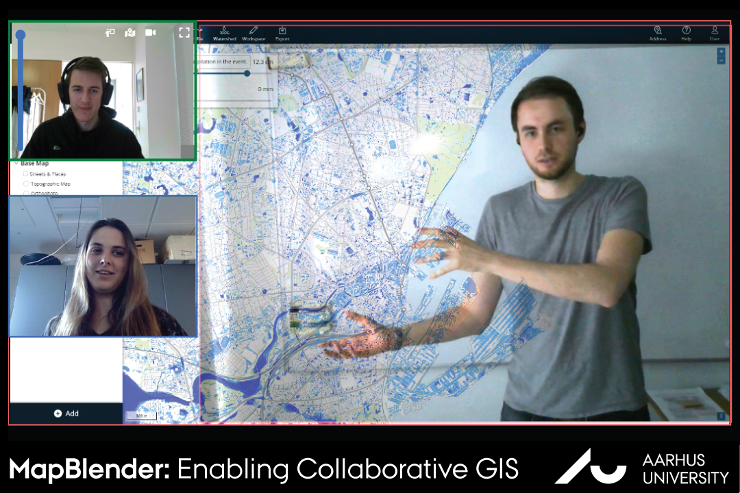 The image shows three people teleconferencing and collaborating with GIS tools; at the bottom, there is in writing: MapBlender: Enabling Collaborative GIS - Aarhus University